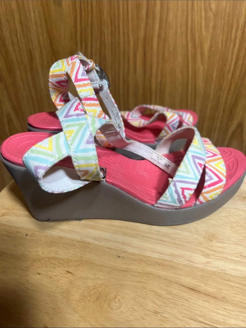 CROCS Pink Wedge Sandals with Chevron Multi-Color Straps
